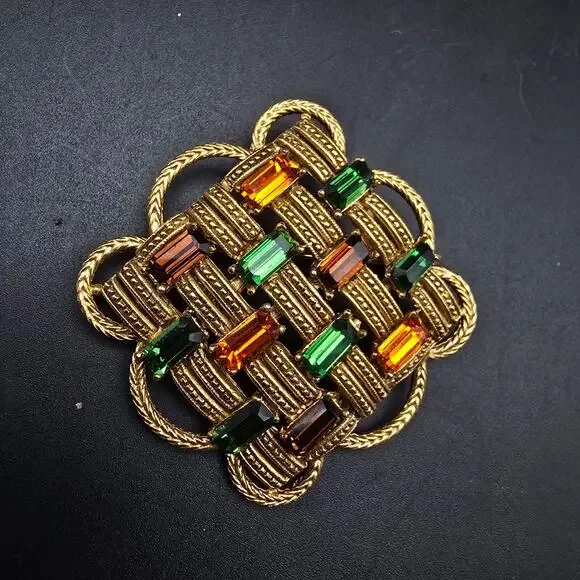 Florenza Fall Color Rhinestone Brooch Basket Weave Gold Tone Vintage Jewelry - Picture 1 of 10